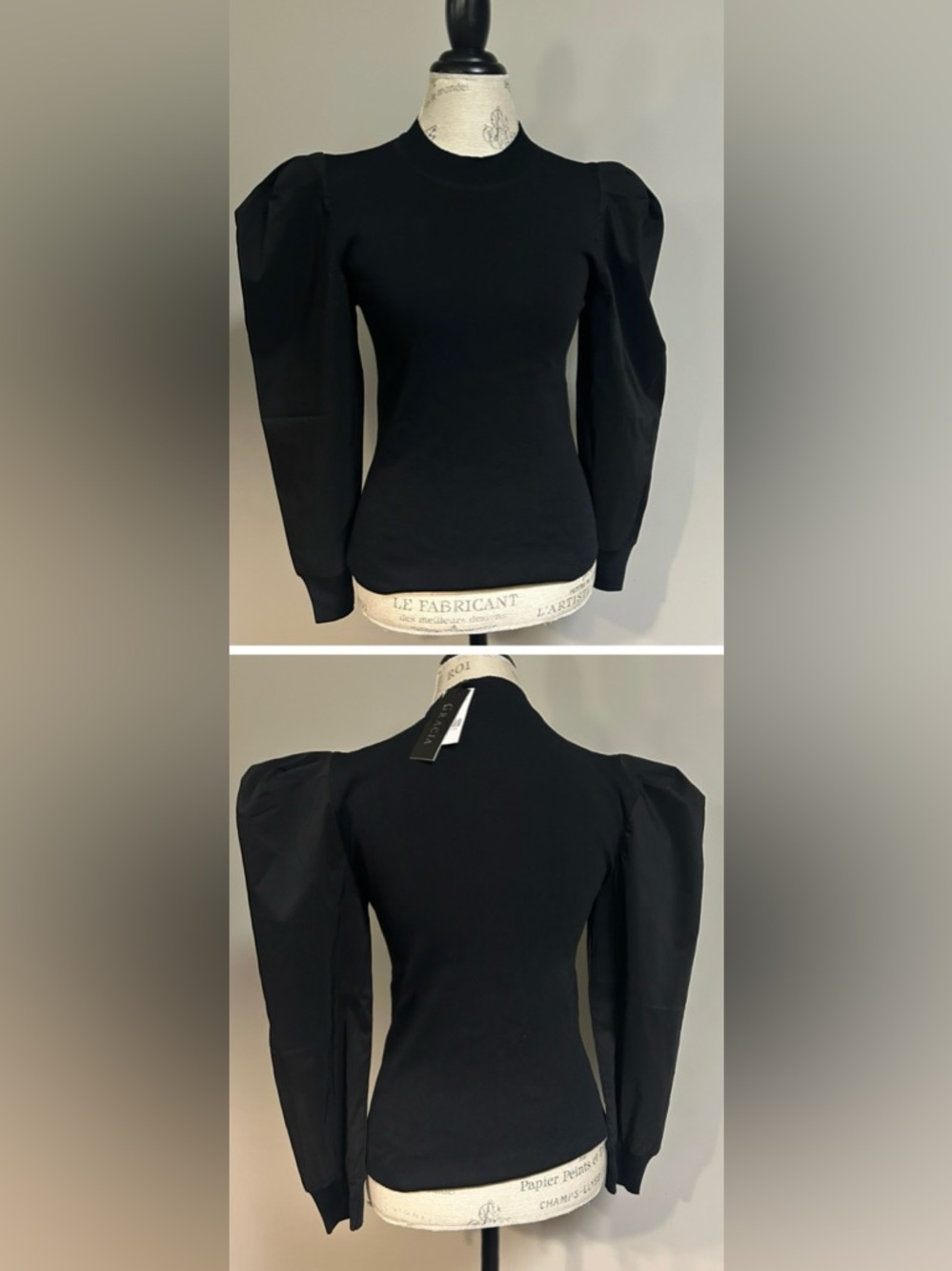 NWT Gracia  Black Puff Long Sleeve Top Size Large Stretch